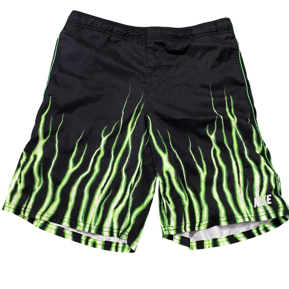 Nike‎ Swim Trunks Mens Large Black Green Lightning Flame Graphic Board Shorts